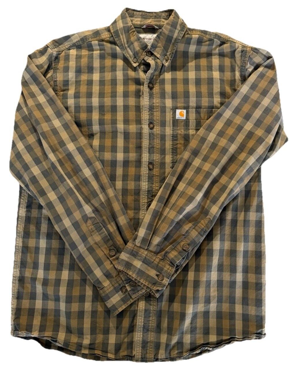 Carhartt Mens Medium Relaxed Fit Plaid Button Up Shirt Long Sleeve Brown Cotton